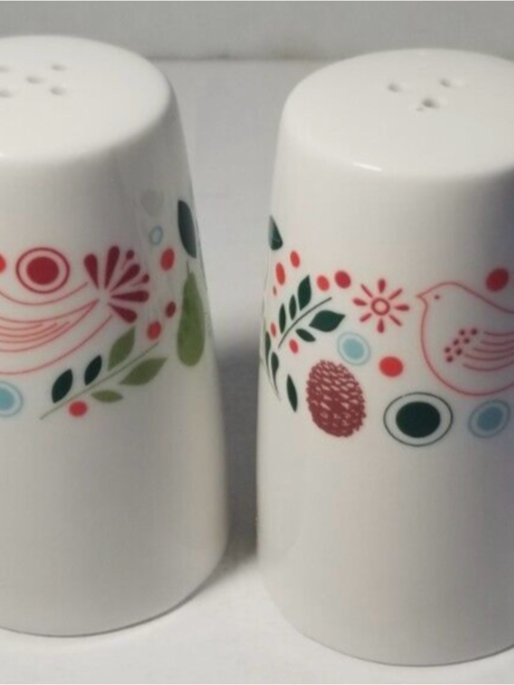 White Ceramic Salt and Pepper Shakers with Bird and Floral Motif‎